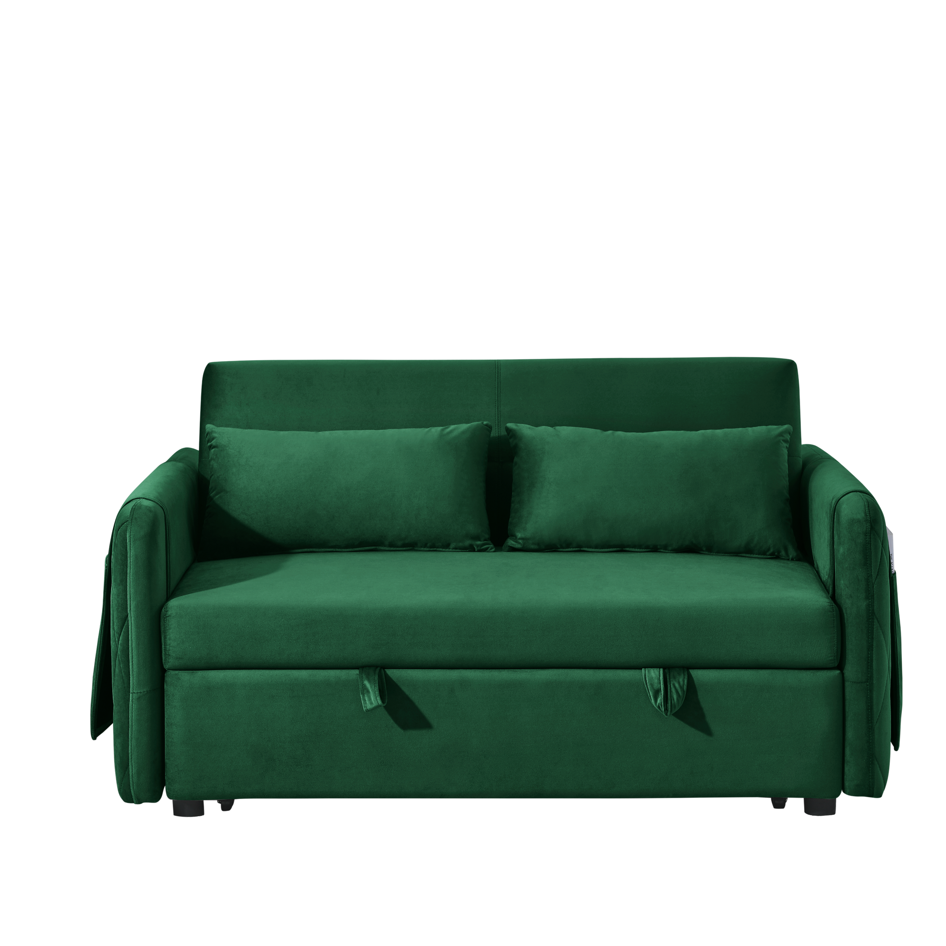 55" Modern Convertible Sofa Bed With 2 Detachable Arm Pockets, Velvet Loveseat Sofa With Pull Out Bed, 2 Pillows And Living Room Adjustable Backrest, Grid Design Armrests Green Foam Velvet