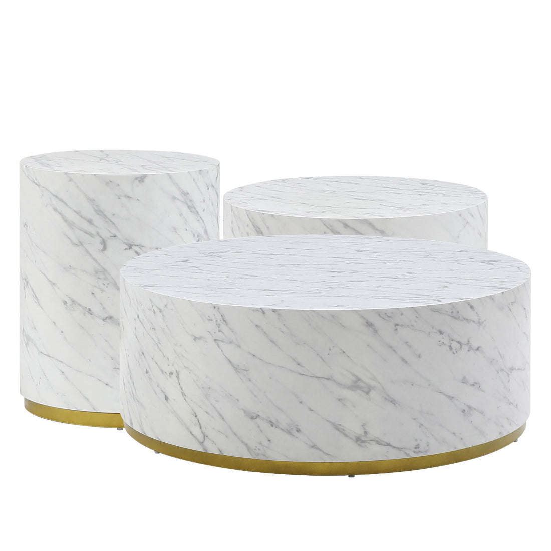 Set Of 3 White Marble Pattern Round Coffee Table Side Table End Table Set For Living Room Fully Assembled White Mdf
