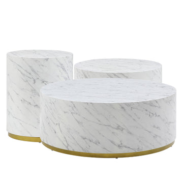 Set Of 3 White Marble Pattern Round Coffee Table Side Table End Table Set For Living Room Fully Assembled White Mdf