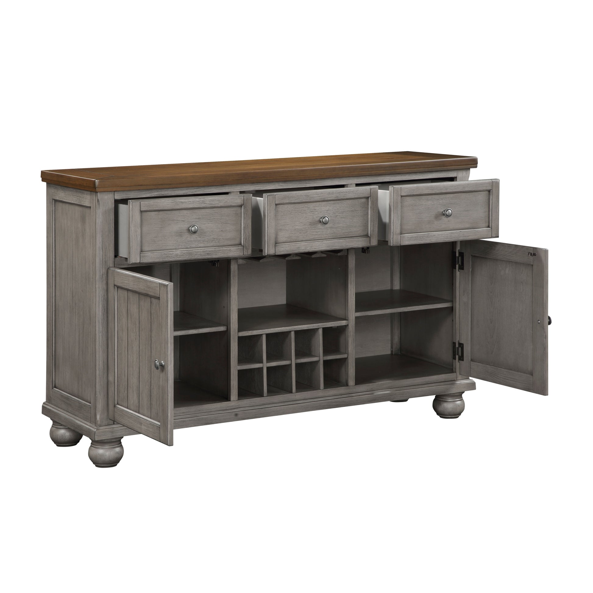 Traditional Style Gray Finish 1Pc Server Of Drawers Storage Cabinet W Adjustable Shelf 8 Bottle Wine Rack Wooden Furniture Gray Wine Bottle Storage Wood