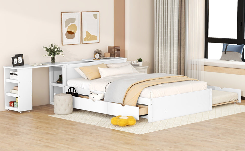 Full Size Platform Bed With A Rolling Shelf, White White Solid Wood Mdf