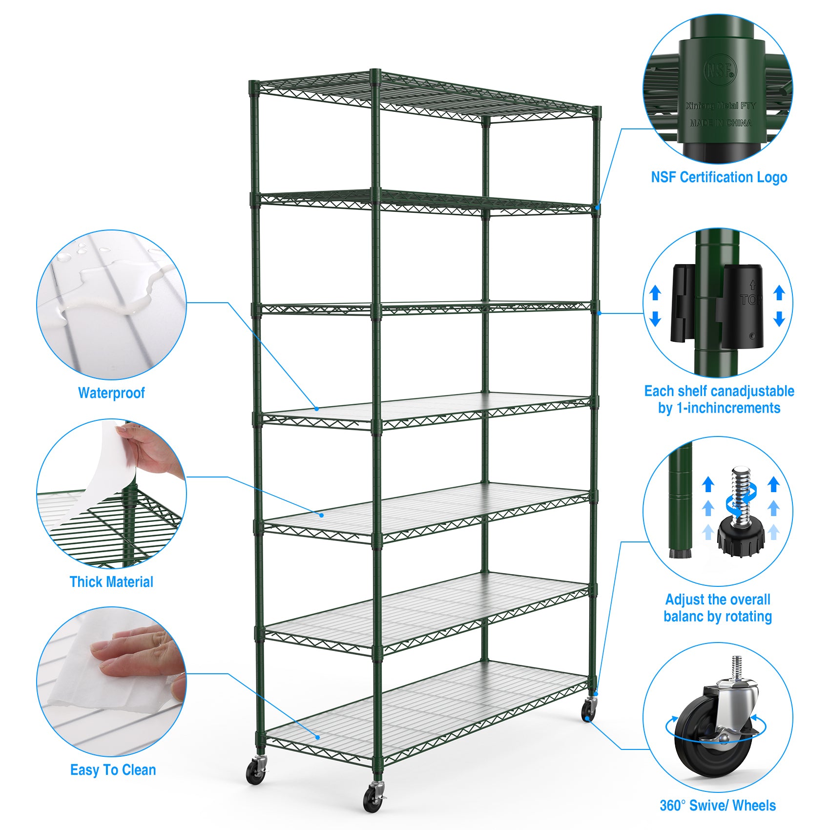 7 Tier Wire Shelving Unit, 2450 Lbs Nsf Height Adjustable Metal Garage Storage Shelves With Wheels, Heavy Duty Storage Wire Rack Metal Shelves Green Green Iron Plastic