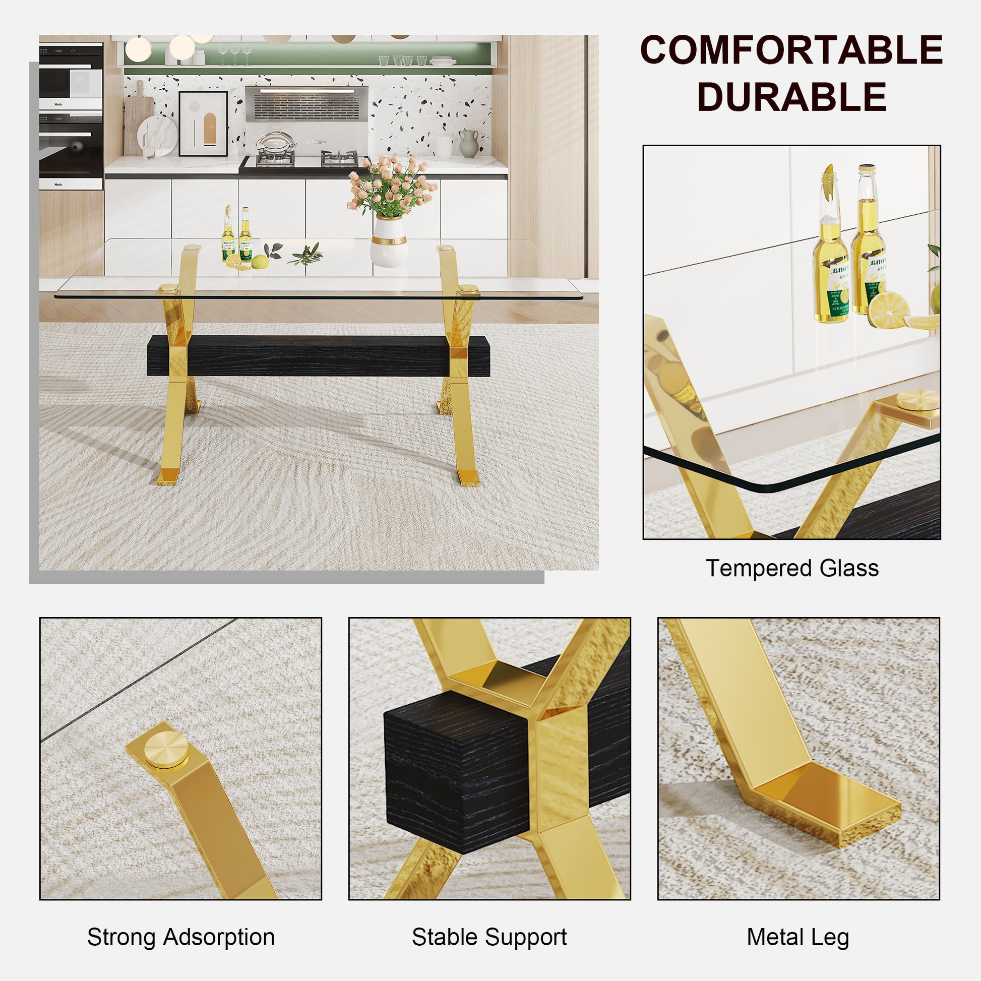 1 Table And 8 Chairs. Modern Simple Luxury Tempered Glass Rectangular Dining Table And Desk With 8 Black Pu Gold Plated Leg Chairs 79''X39''X30'' Transparent Glass