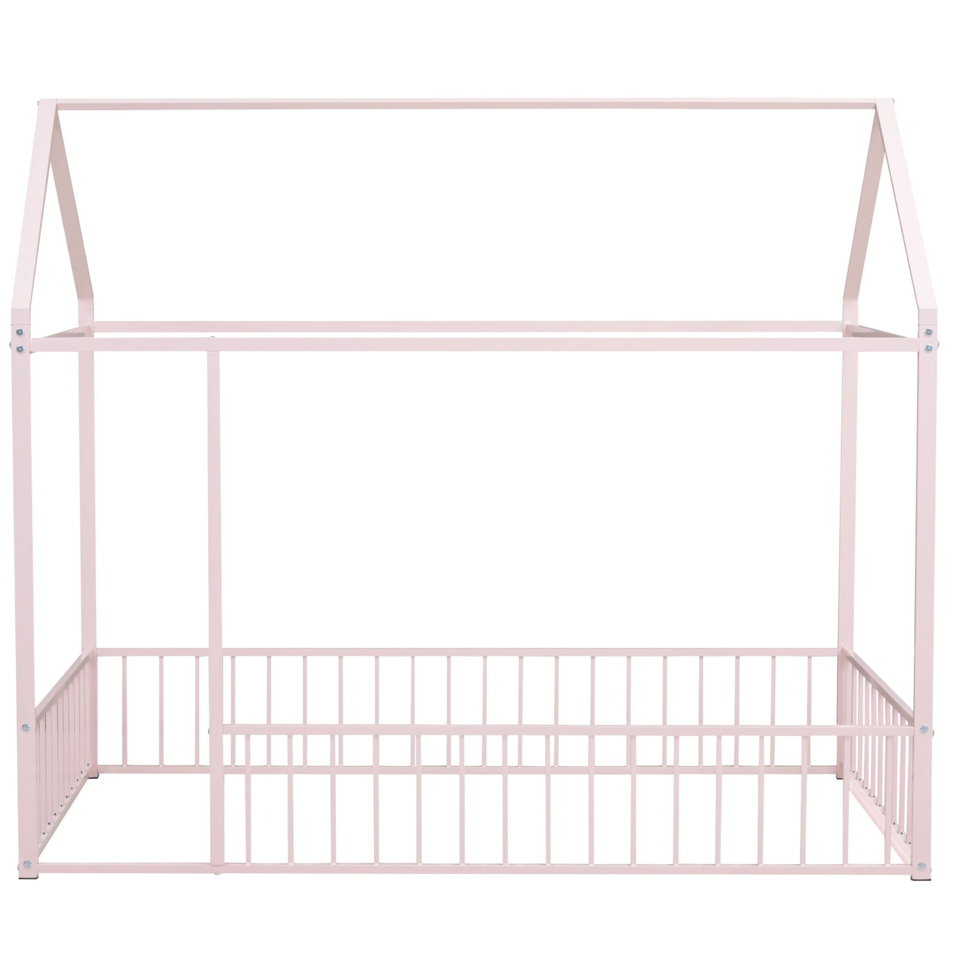 Twin Size Metal Bed House Bed Frame With Fence, For Kids, Teens, Girls, Boys, Pink Twin Pink Metal