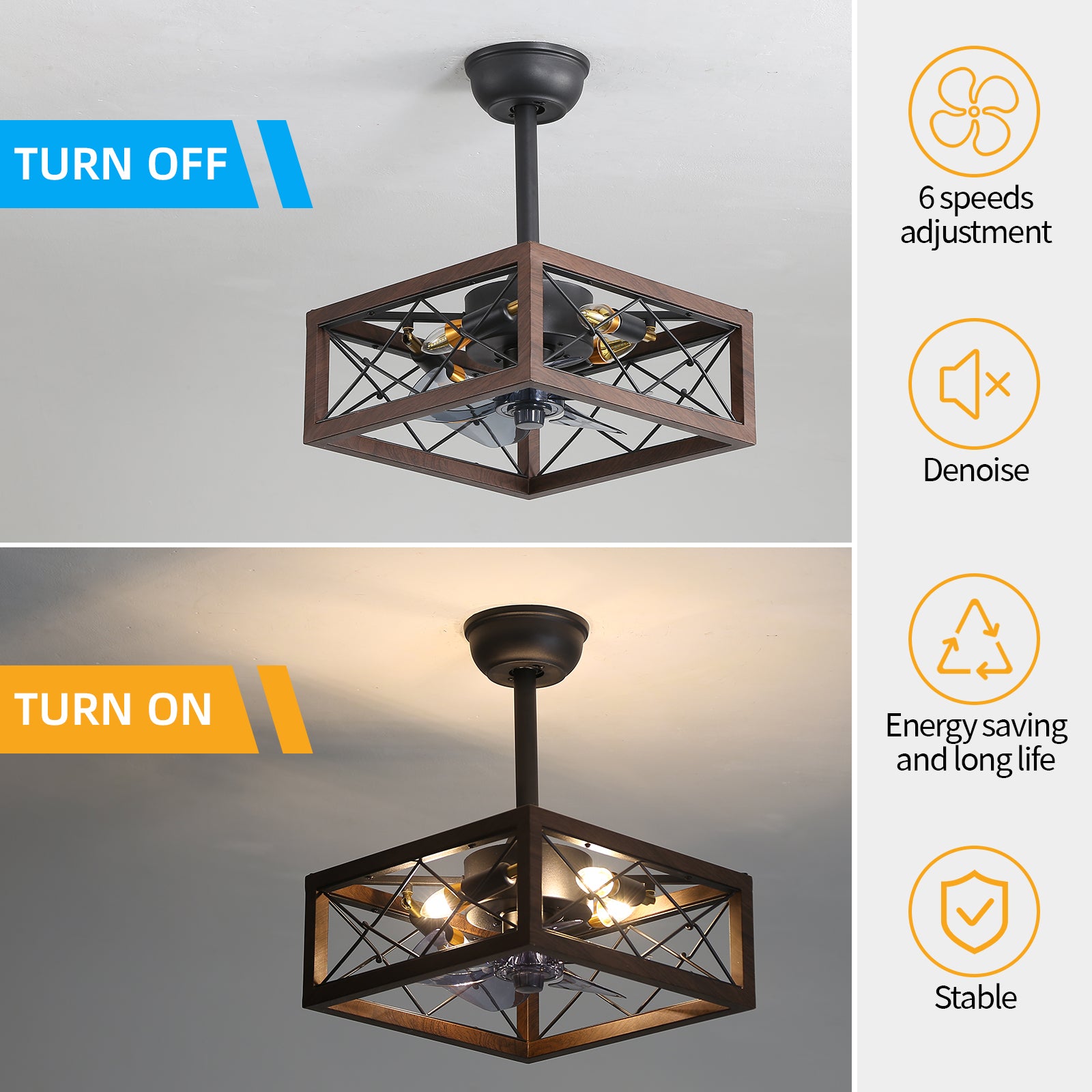 18Inch Caged Ceiling Fan With Lights Remote Control For App No On Bulbs Brown Retro Iron