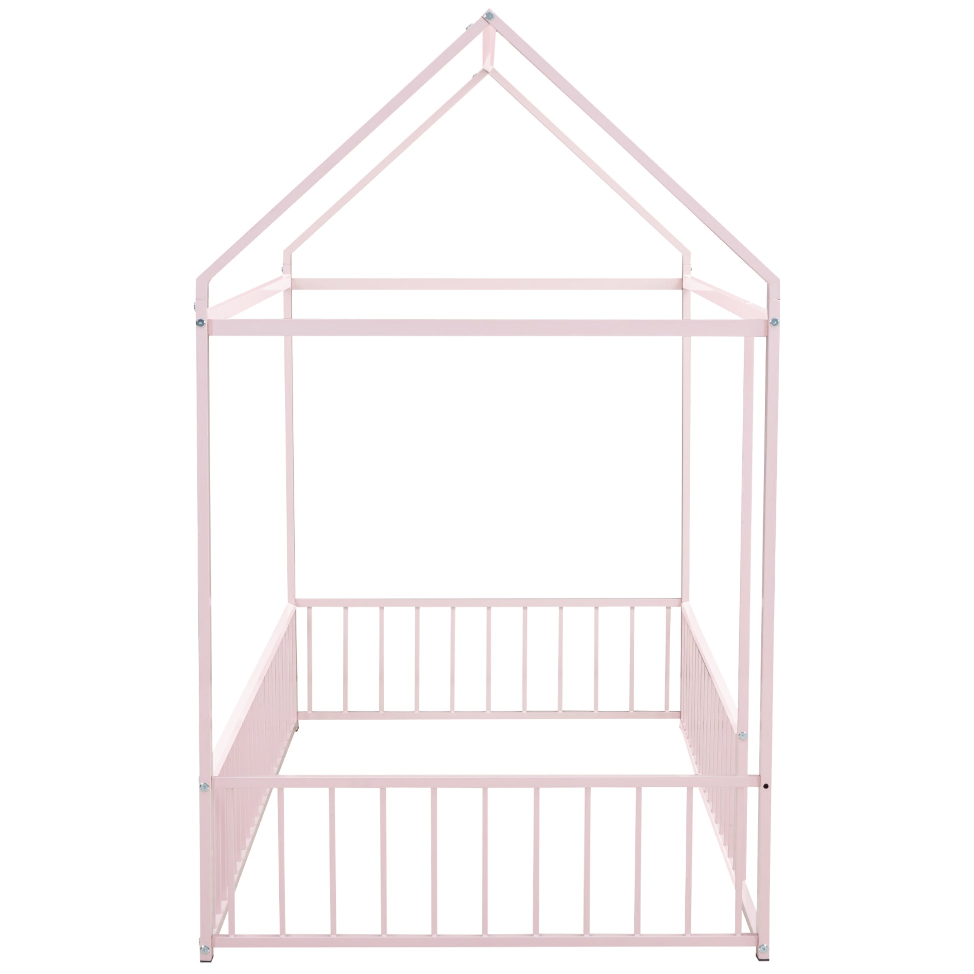 Twin Size Metal Bed House Bed Frame With Fence, For Kids, Teens, Girls, Boys, Pink Twin Pink Metal