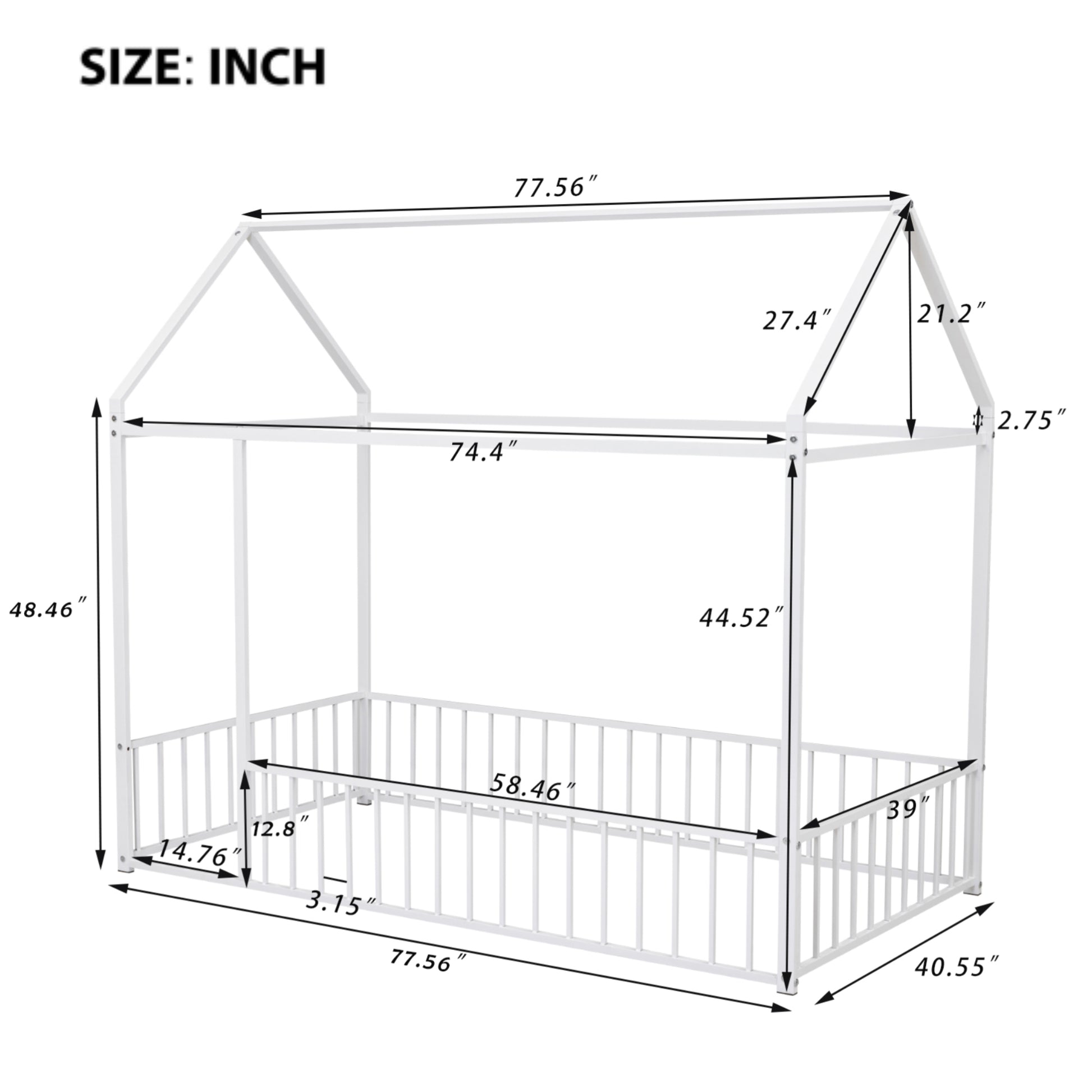 Twin Size Metal Bed House Bed Frame With Fence, For Kids, Teens, Girls, Boys, White Twin White Metal