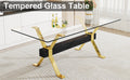 1 Table And 8 Chairs. Modern Simple Luxury Tempered Glass Rectangular Dining Table And Desk With 8 Black Pu Gold Plated Leg Chairs 79''X39''X30'' Transparent Glass