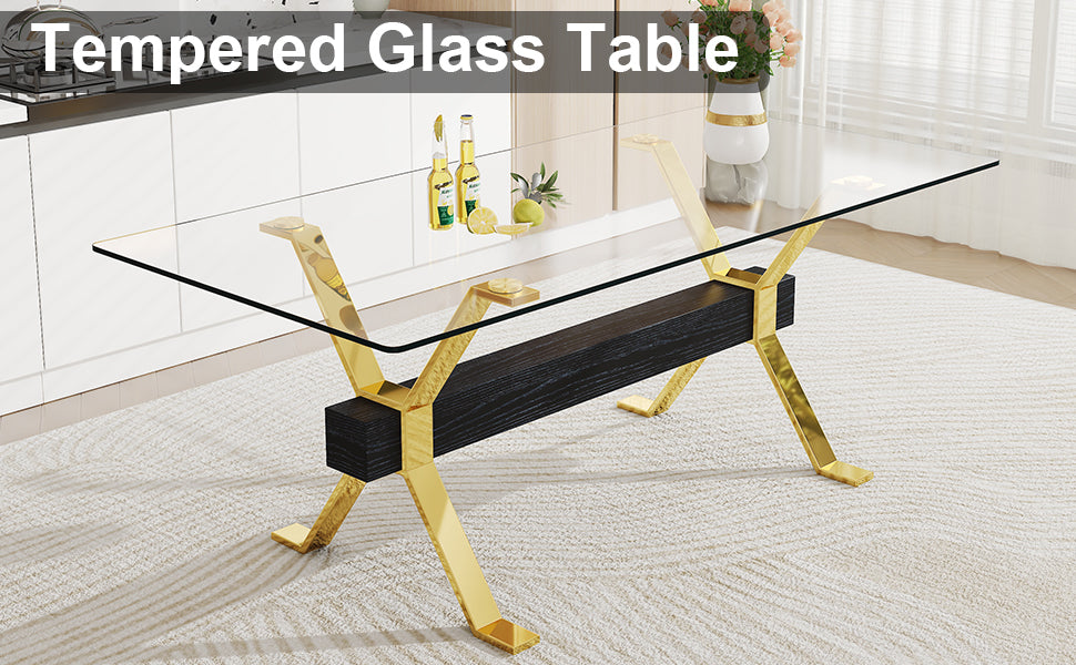 1 Table And 8 Chairs. Modern Simple Luxury Tempered Glass Rectangular Dining Table And Desk With 8 Black Pu Gold Plated Leg Chairs 79''X39''X30'' Transparent Glass