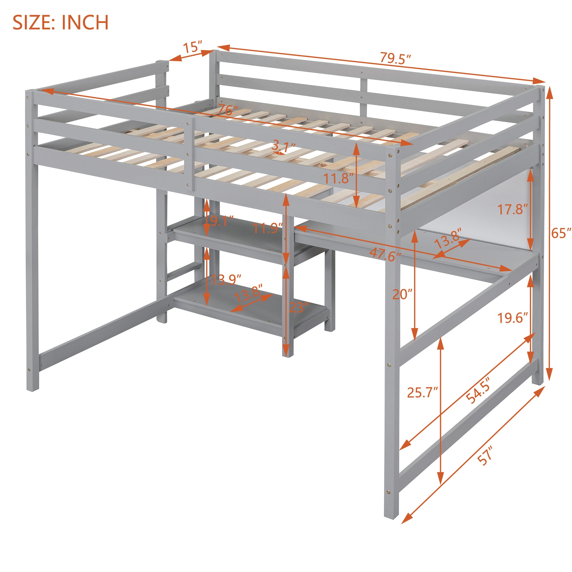 Full Size Wooden Loft Bed With Shelves, Desk And Writing Board Gray Full Gray Solid Wood Mdf