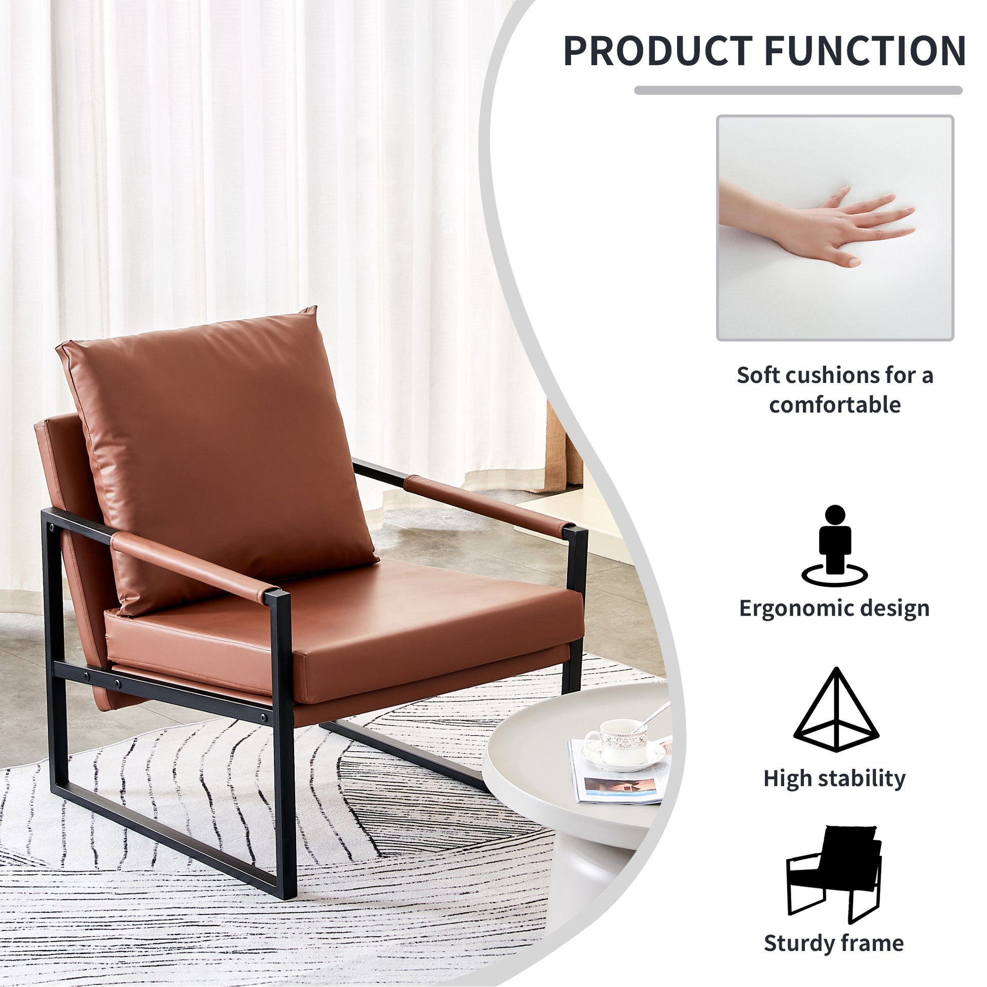 Pu Leather Accent Arm Chair Modern Upholstered Armchair With Metal Frame Extra Thick Padded Backrest And Seat Cushion Sofa Chairs For Living Room Brown Pu Leather Metal Frame Foam Sf 008 Brown Foam Pu