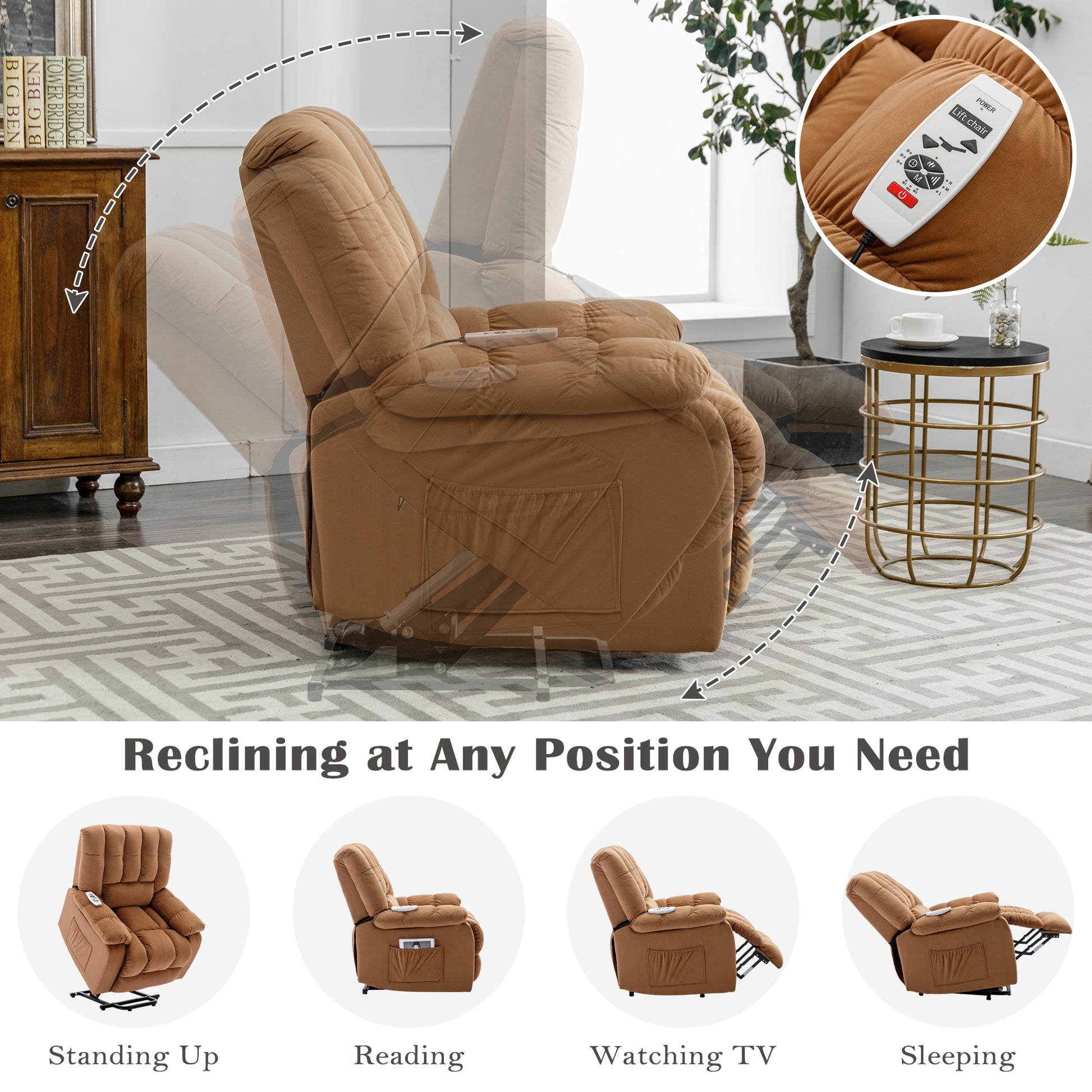 Massage Recliner Chair Electric Power Lift Recliner Chairs With Heat, Vibration, Side Pocket For Living Room, Bedroom, Light Brown Light Brown Velvet