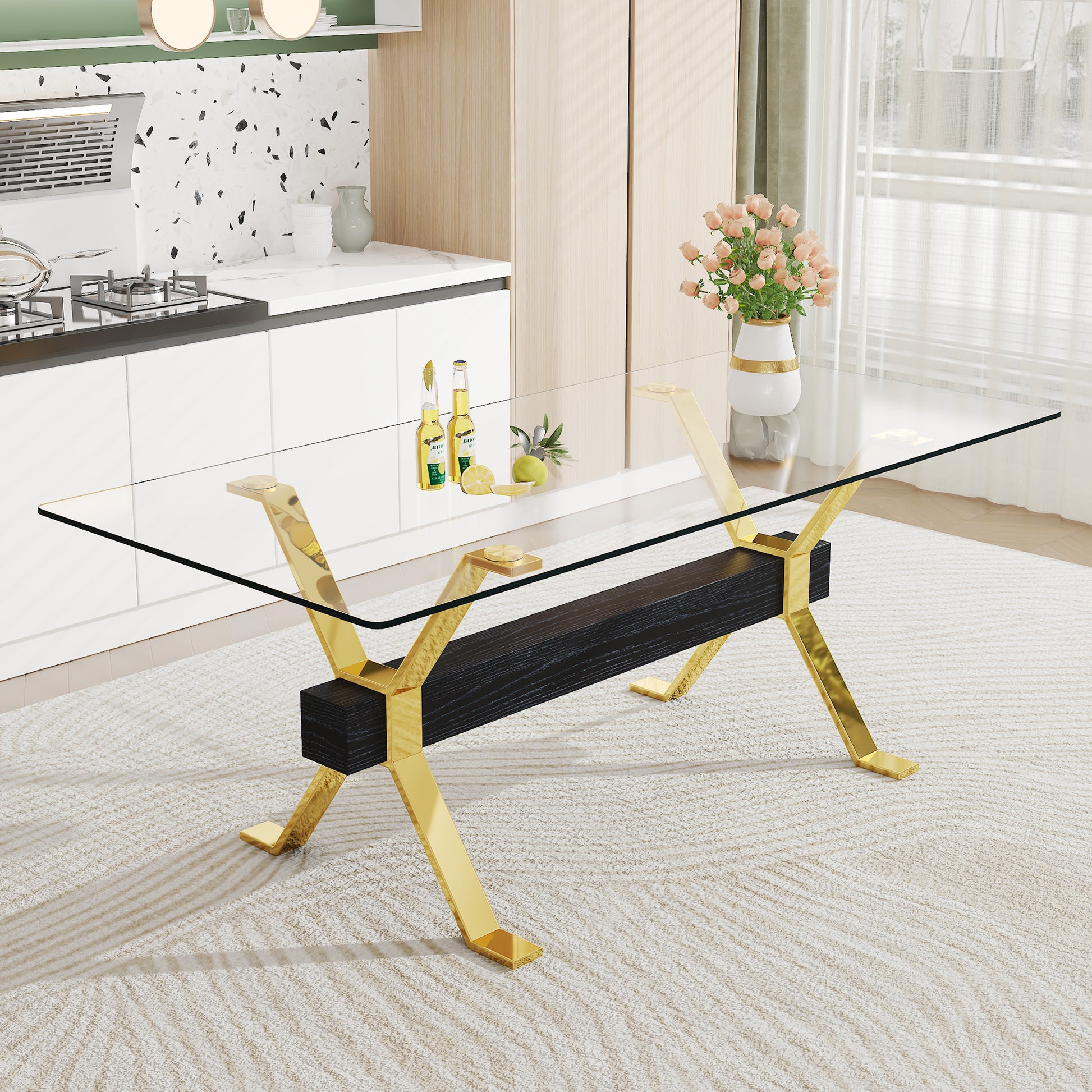 1 Table And 8 Chairs. Modern Simple Luxury Tempered Glass Rectangular Dining Table And Desk With 8 Black Pu Gold Plated Leg Chairs 79''X39''X30'' Transparent Glass