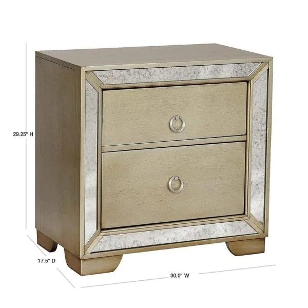 Glam Champagne Gray Finish 1Pc Nightstand Antique Mirror Panels Ring Pull Handles Bedroom Furniture Champagne Gray 2 Drawers Bedside Cabinet Glam Mirrored Antique Solid Wood