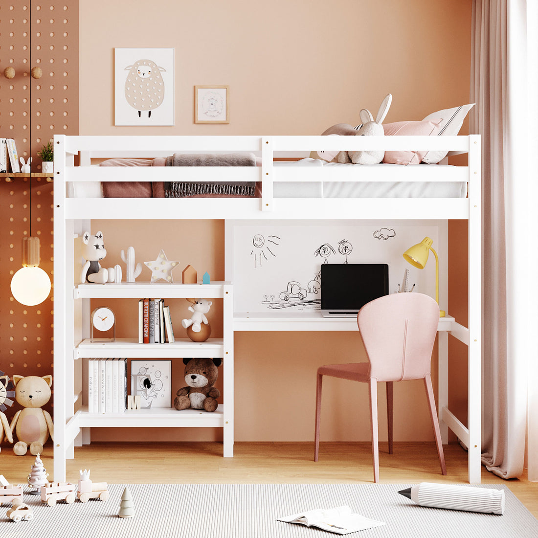 Twin Size Wooden Loft Bed With Shelves, Desk And Writing Board White White Solid Wood Mdf