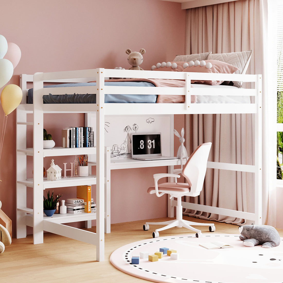 Full Size Wooden Loft Bed With Shelves, Desk And Writing Board White Full White Solid Wood Mdf
