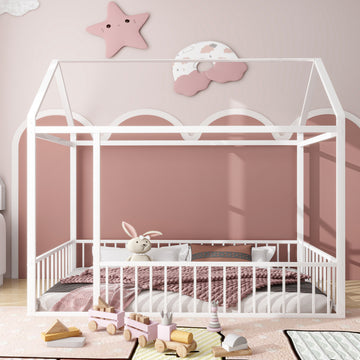 Twin Size Metal Bed House Bed Frame With Fence, For Kids, Teens, Girls, Boys, White Twin White Metal