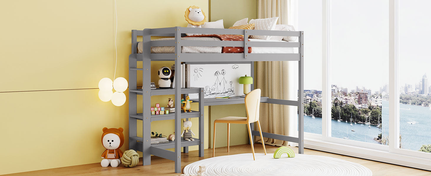 Twin Size Wooden Loft Bed With Shelves, Desk And Writing Board Gray Gray Solid Wood Mdf