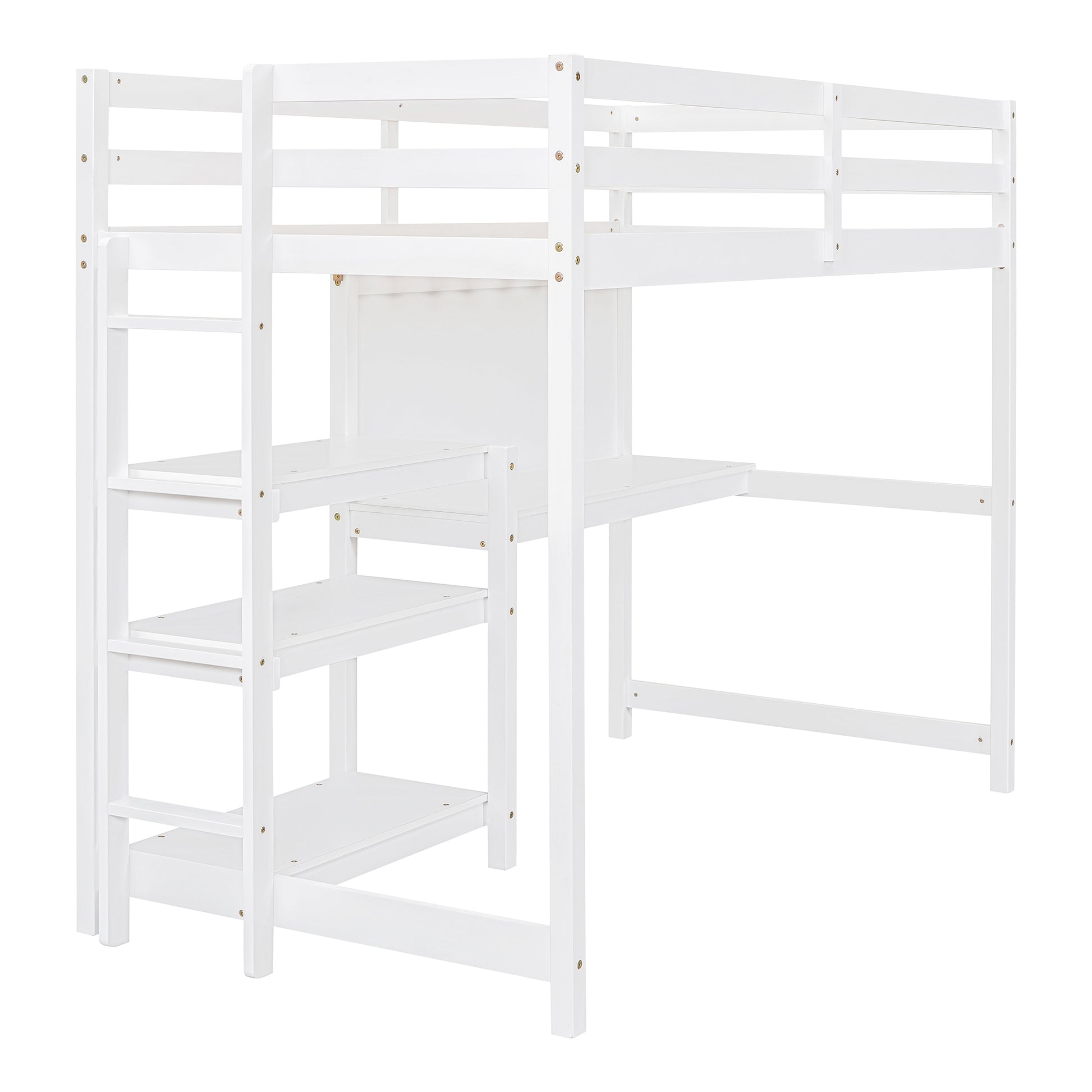 Twin Size Wooden Loft Bed With Shelves, Desk And Writing Board White White Solid Wood Mdf