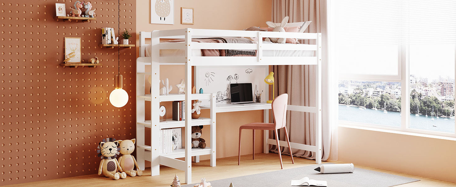 Twin Size Wooden Loft Bed With Shelves, Desk And Writing Board White White Solid Wood Mdf