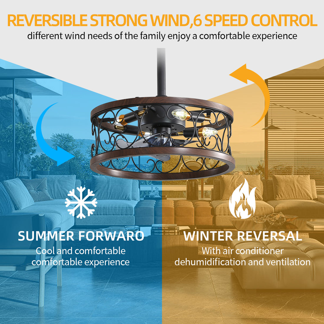 18Inch Caged Ceiling Fan With Lights Remote Control For App Note:No On Bulbs Brown Retro Iron