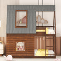 Wood Twin Size House Bunk Bed With Roof, Ladder And 2 Windows, Oak & Smoky Grey Box Spring Not Required Twin Brown Wood Bedroom Pine Solid Wood Mdf