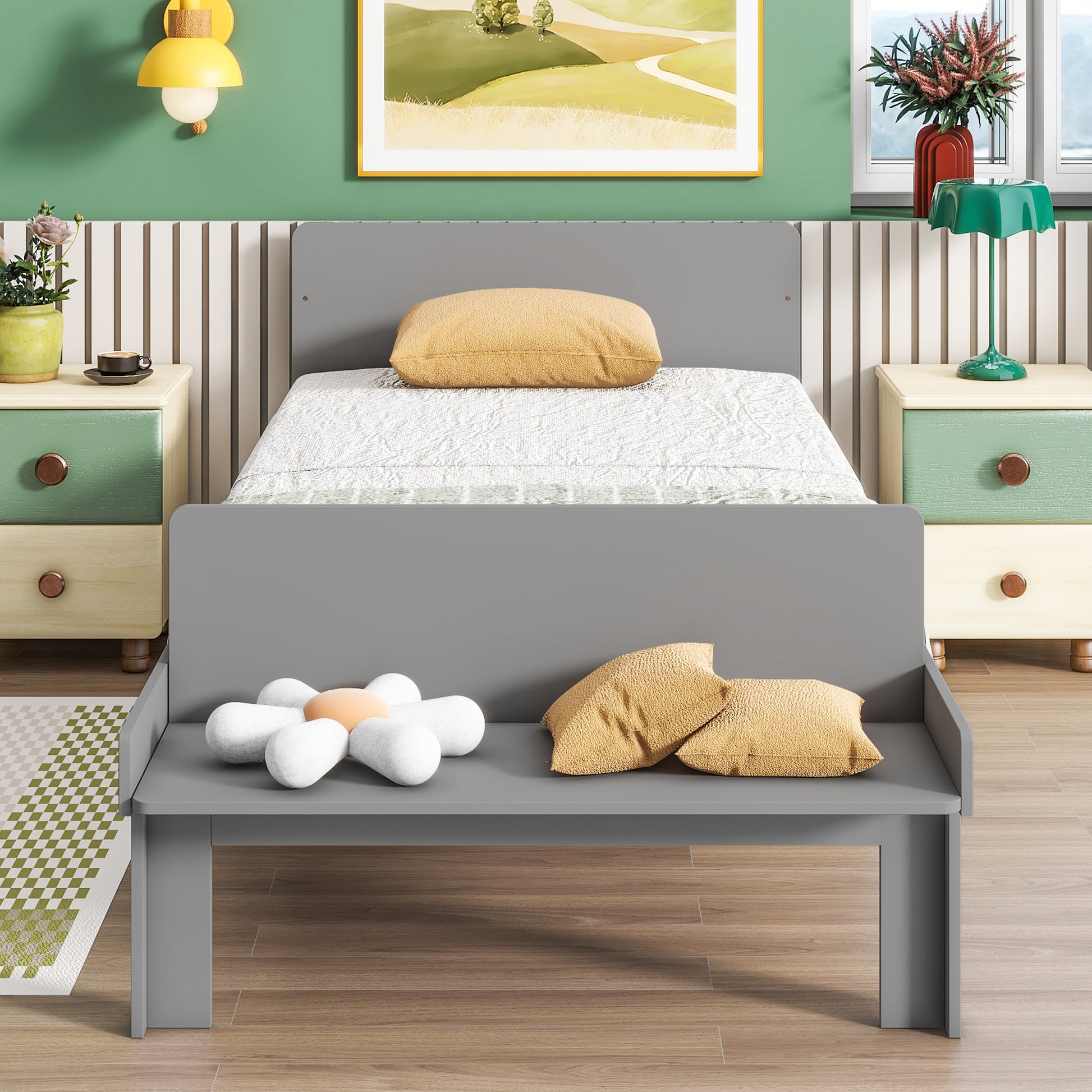 Twin Bed With Footboard Bench,Grey Twin Grey Wood Bedroom American Design Pine Pine