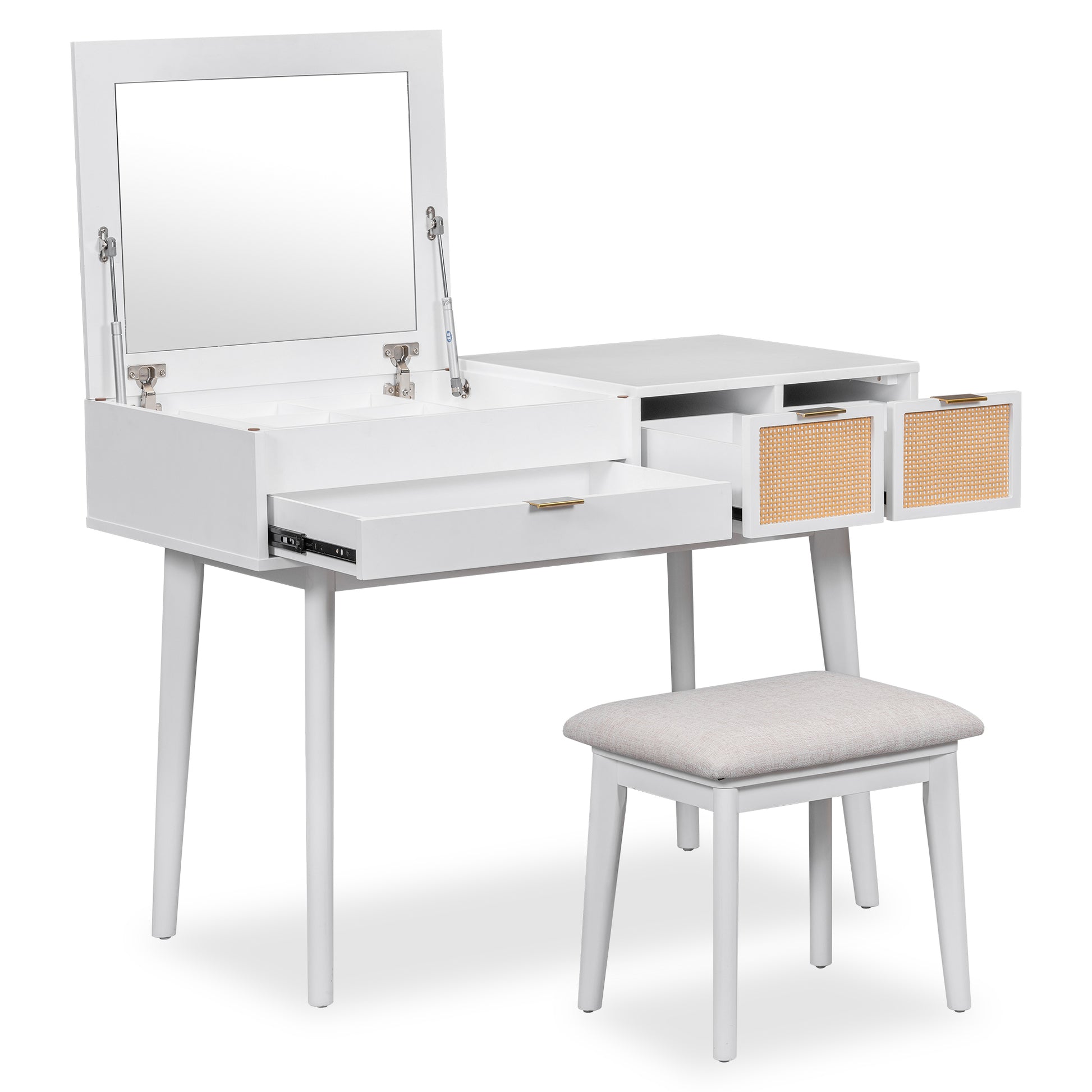 43.3" Classic Wood Makeup Vanity Set With Flip Top Mirror And Stool, Dressing Table With Three Drawers And Storage Space, White White Solid Wood Mdf