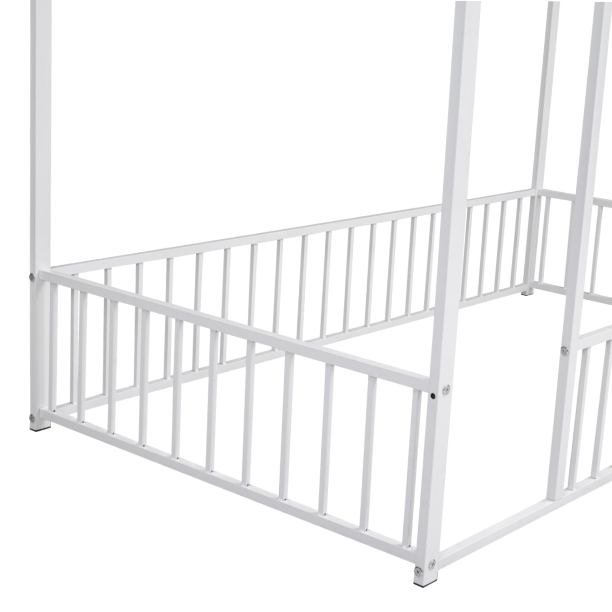 Twin Size Metal Bed House Bed Frame With Fence, For Kids, Teens, Girls, Boys, White Twin White Metal