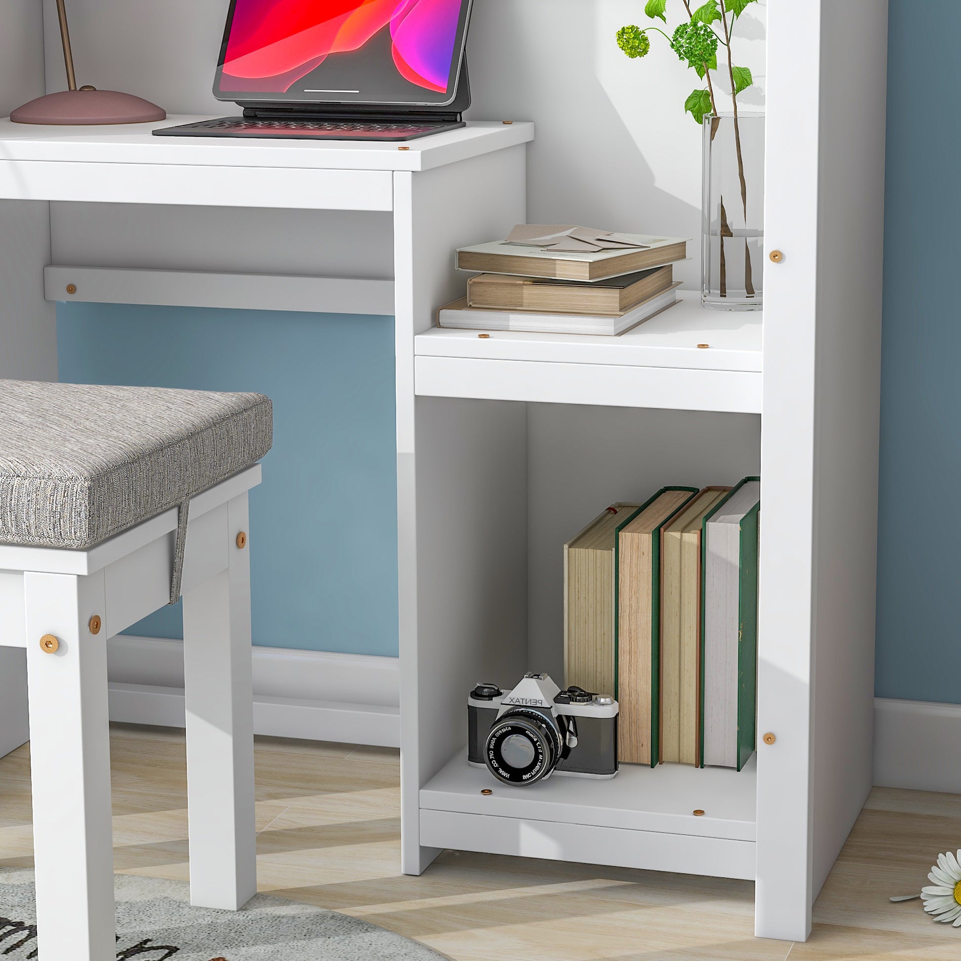 House Shaped Kids Desk With A Cushion Stool,House Style Desk And Stool Set,White White Bedroom American Design Pine Pine