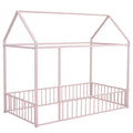 Twin Size Metal Bed House Bed Frame With Fence, For Kids, Teens, Girls, Boys, Pink Twin Pink Metal