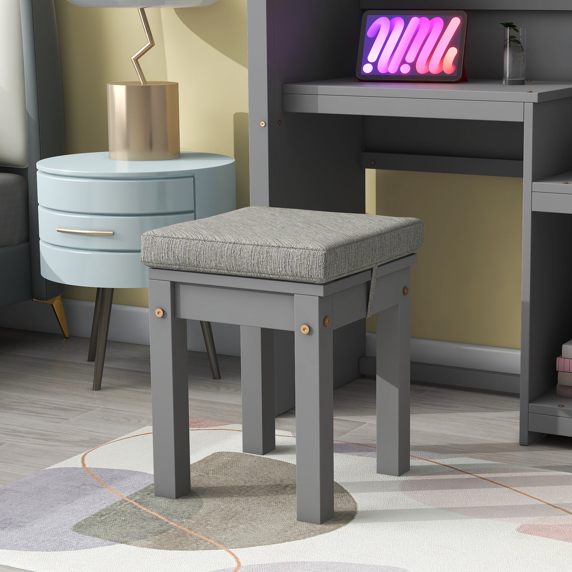 House Shaped Kids Desk With A Cushion Stool,House Style Desk And Stool Set,Grey Grey Bedroom American Design Pine Pine