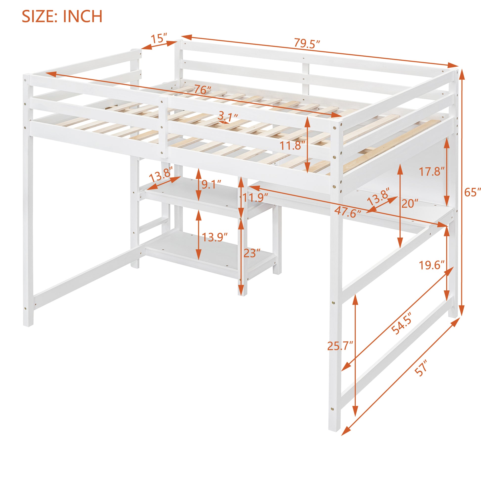 Full Size Wooden Loft Bed With Shelves, Desk And Writing Board White Full White Solid Wood Mdf