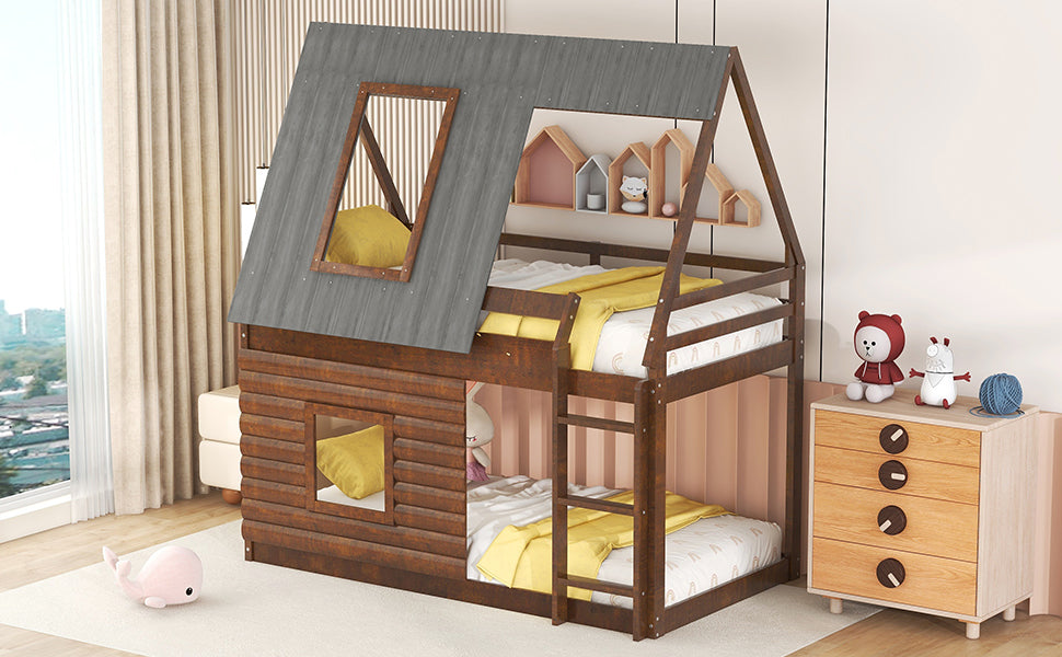 Wood Twin Size House Bunk Bed With Roof, Ladder And 2 Windows, Oak & Smoky Grey Box Spring Not Required Twin Brown Wood Bedroom Pine Solid Wood Mdf