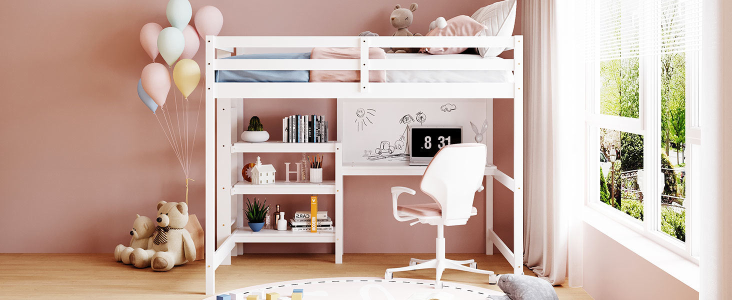Full Size Wooden Loft Bed With Shelves, Desk And Writing Board White Full White Solid Wood Mdf