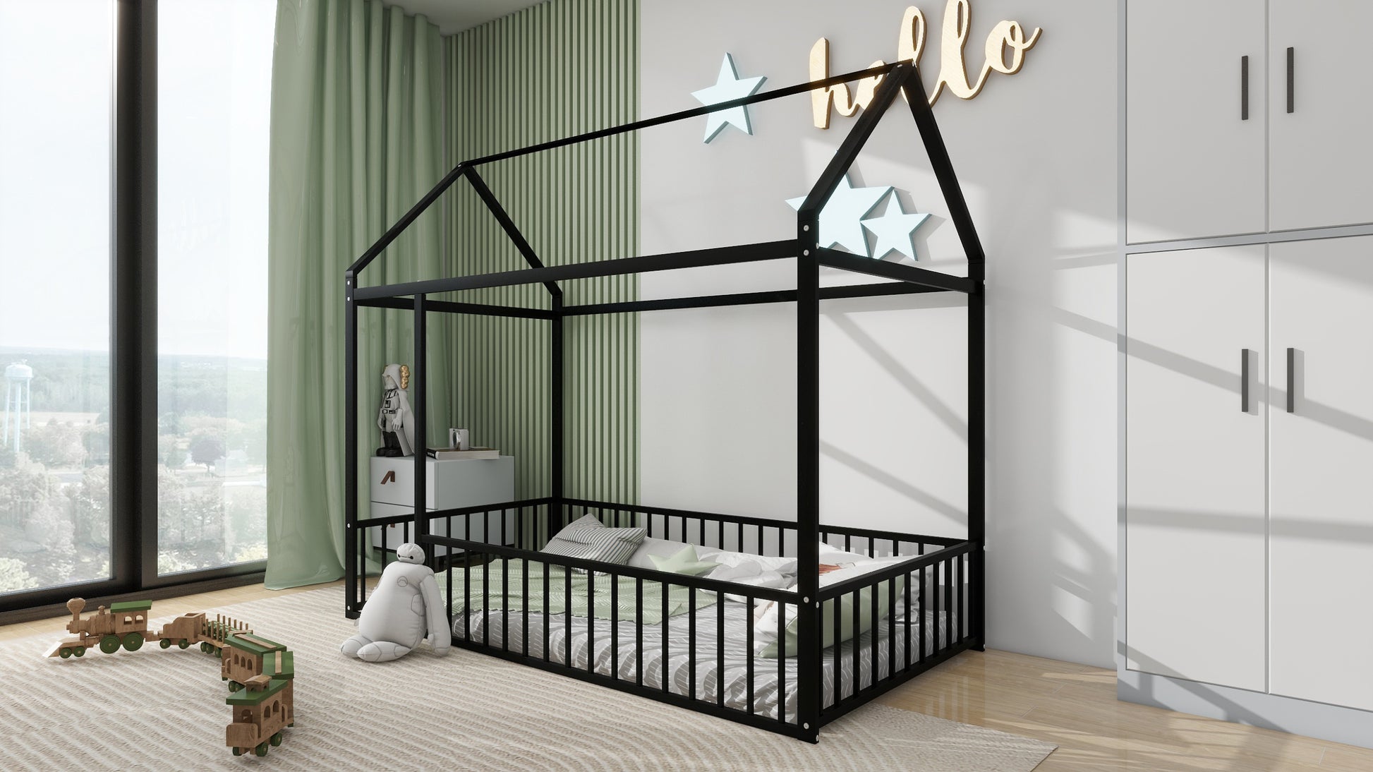 Twin Size Metal Bed House Bed Frame With Fence, For Kids, Teens, Girls, Boys, Black Twin Black Metal