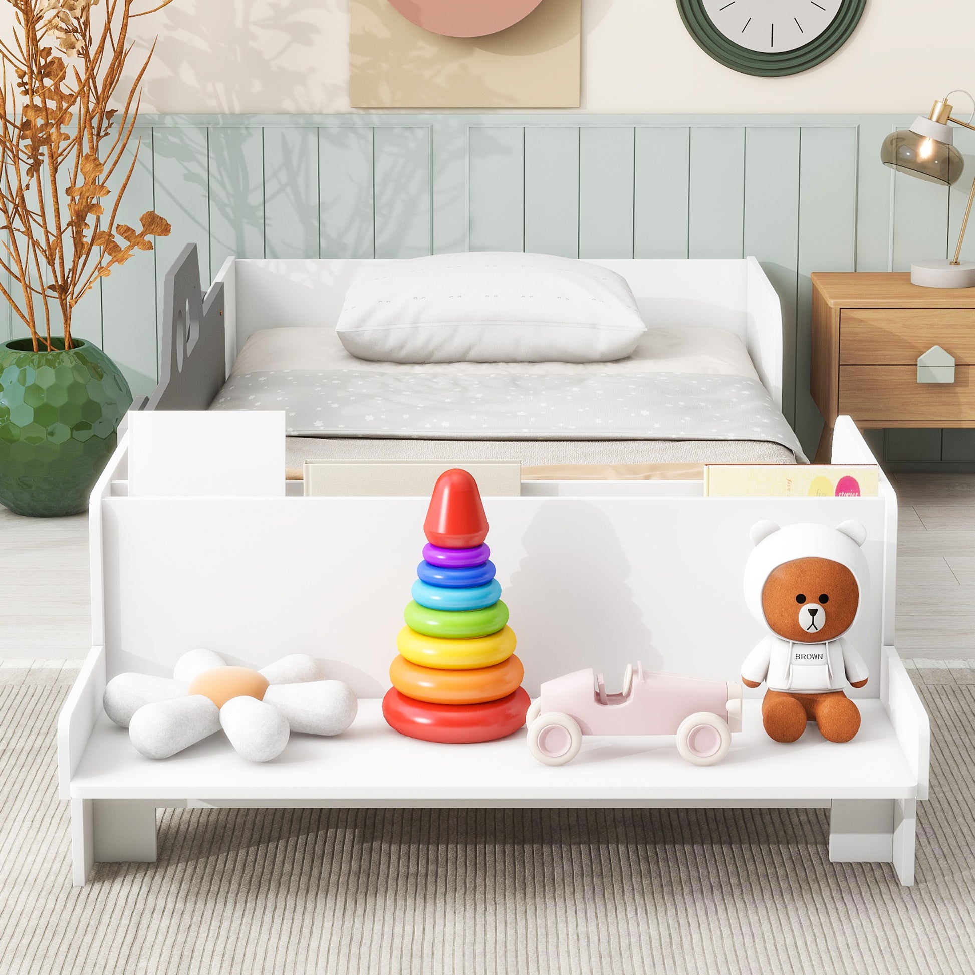 Car Shaped Twin Wood Bed With Bench,White Twin White Wood Bedroom American Design Pine Kids Pine