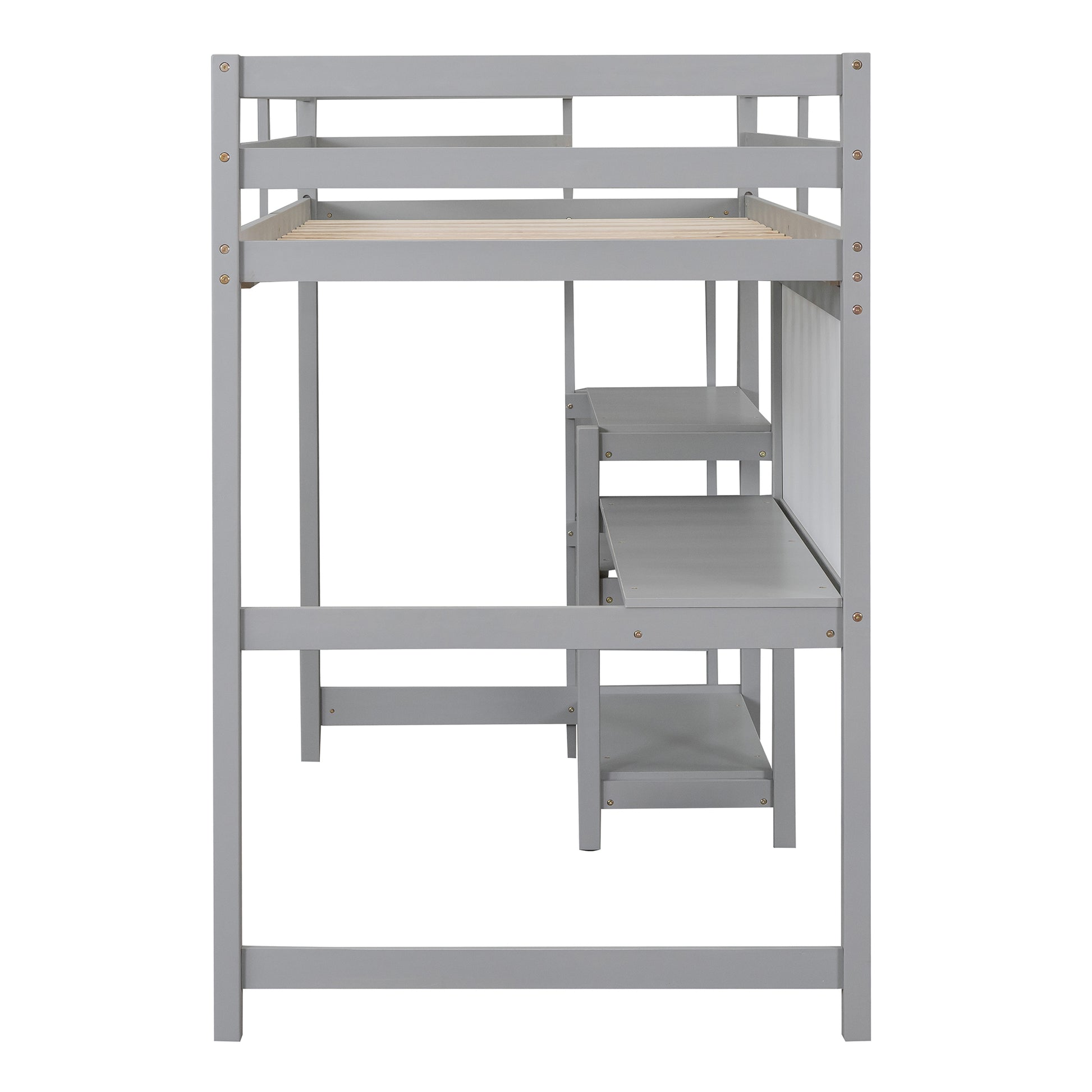 Twin Size Wooden Loft Bed With Shelves, Desk And Writing Board Gray Gray Solid Wood Mdf