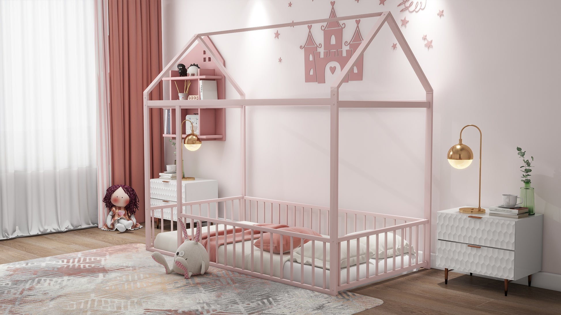 Twin Size Metal Bed House Bed Frame With Fence, For Kids, Teens, Girls, Boys, Pink Twin Pink Metal