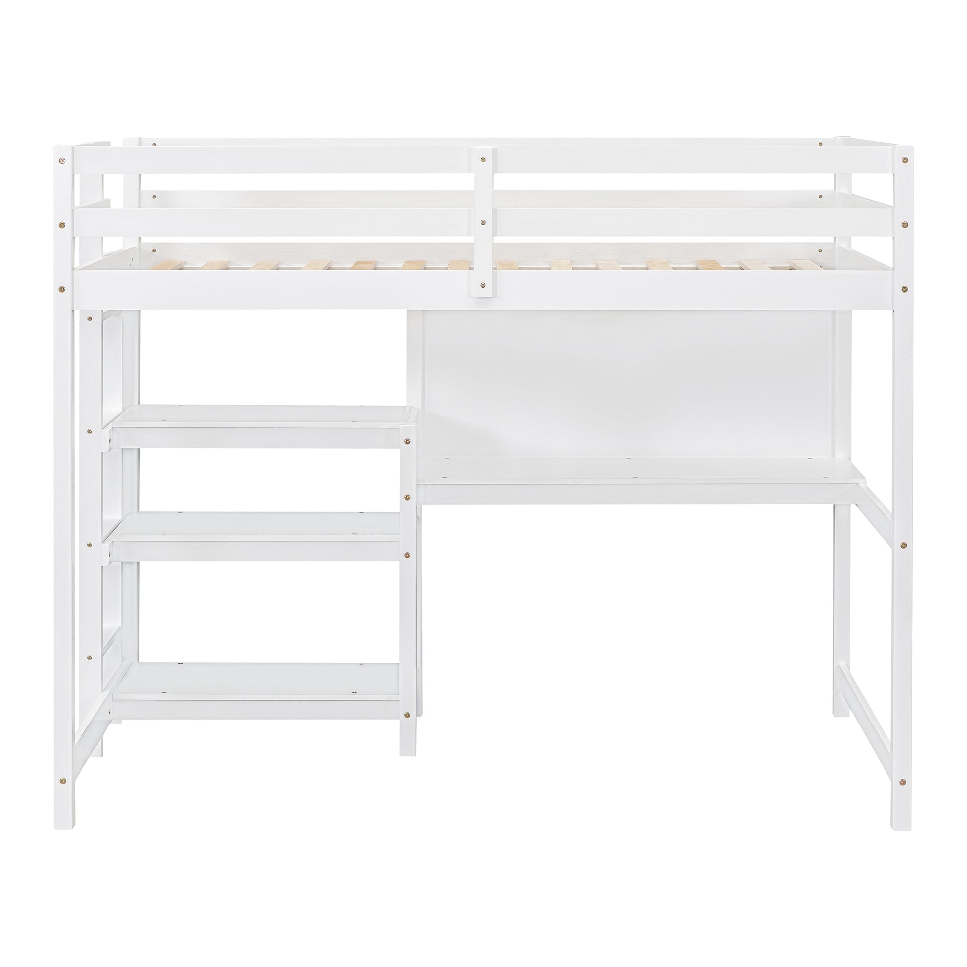 Twin Size Wooden Loft Bed With Shelves, Desk And Writing Board White White Solid Wood Mdf