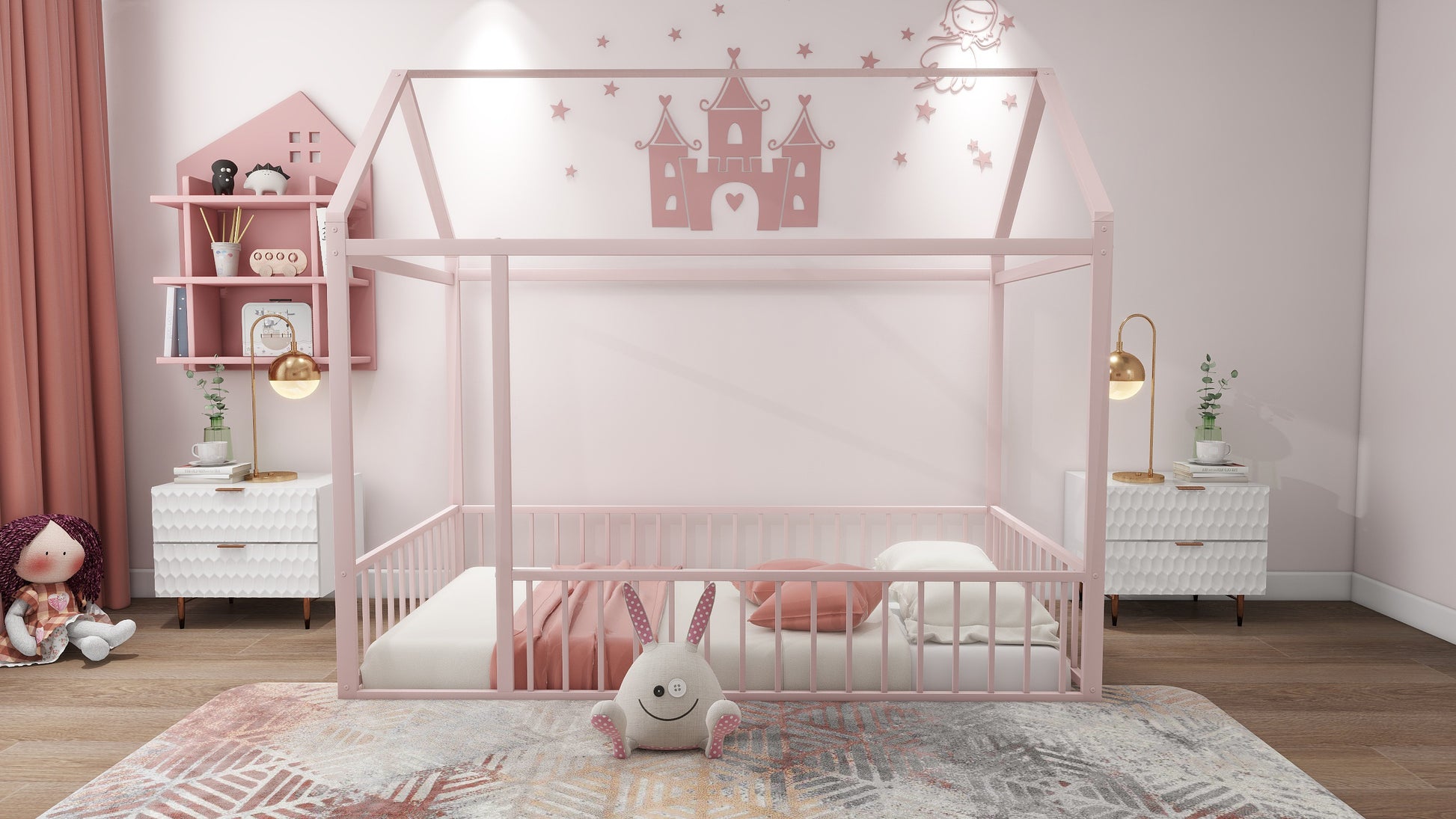 Twin Size Metal Bed House Bed Frame With Fence, For Kids, Teens, Girls, Boys, Pink Twin Pink Metal