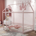 Twin Size Metal Bed House Bed Frame With Fence, For Kids, Teens, Girls, Boys, Pink Twin Pink Metal