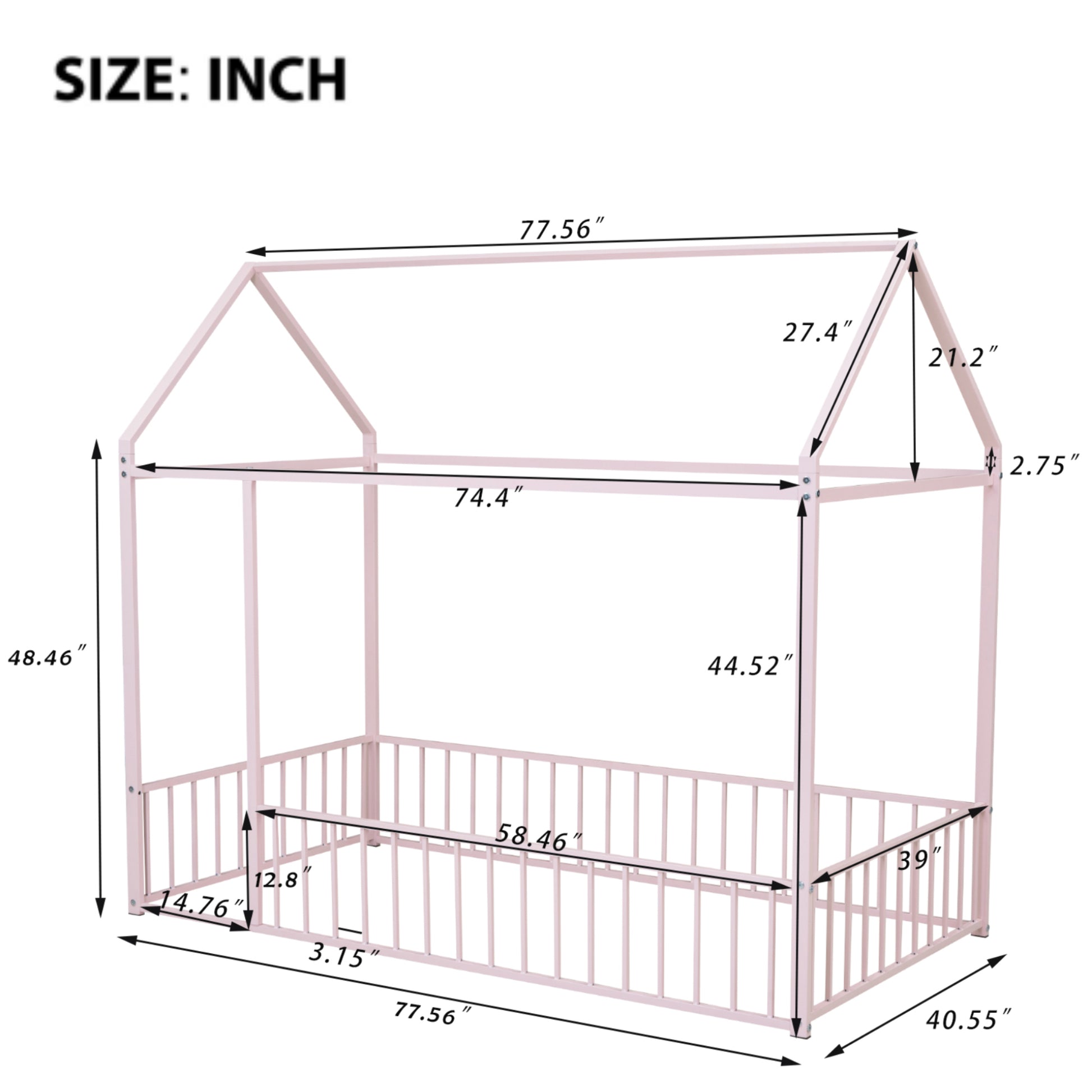 Twin Size Metal Bed House Bed Frame With Fence, For Kids, Teens, Girls, Boys, Pink Twin Pink Metal