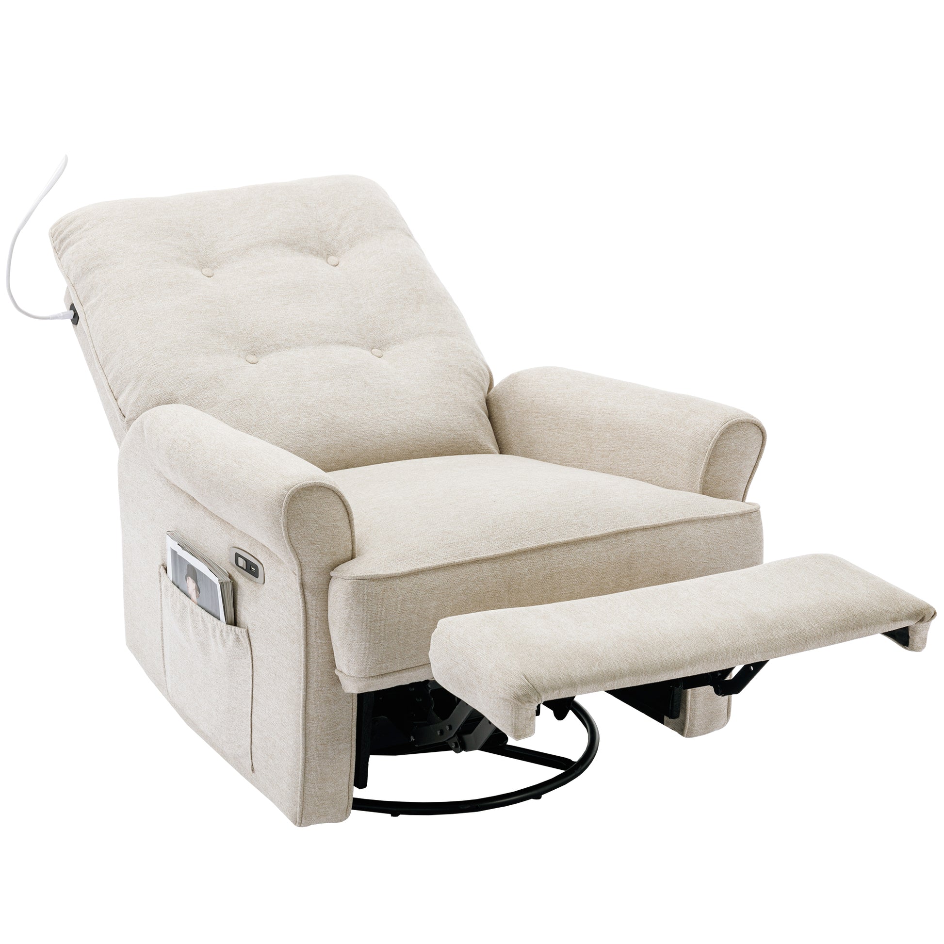 Reclining Chair 270 Degree Swivel Recliner Chairs With Usb Port, Side Pocket And Touch Sensitive Lamp For Living Room, Bedroom, Cream Cream Linen