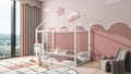 Twin Size Metal Bed House Bed Frame With Fence, For Kids, Teens, Girls, Boys, White Twin White Metal