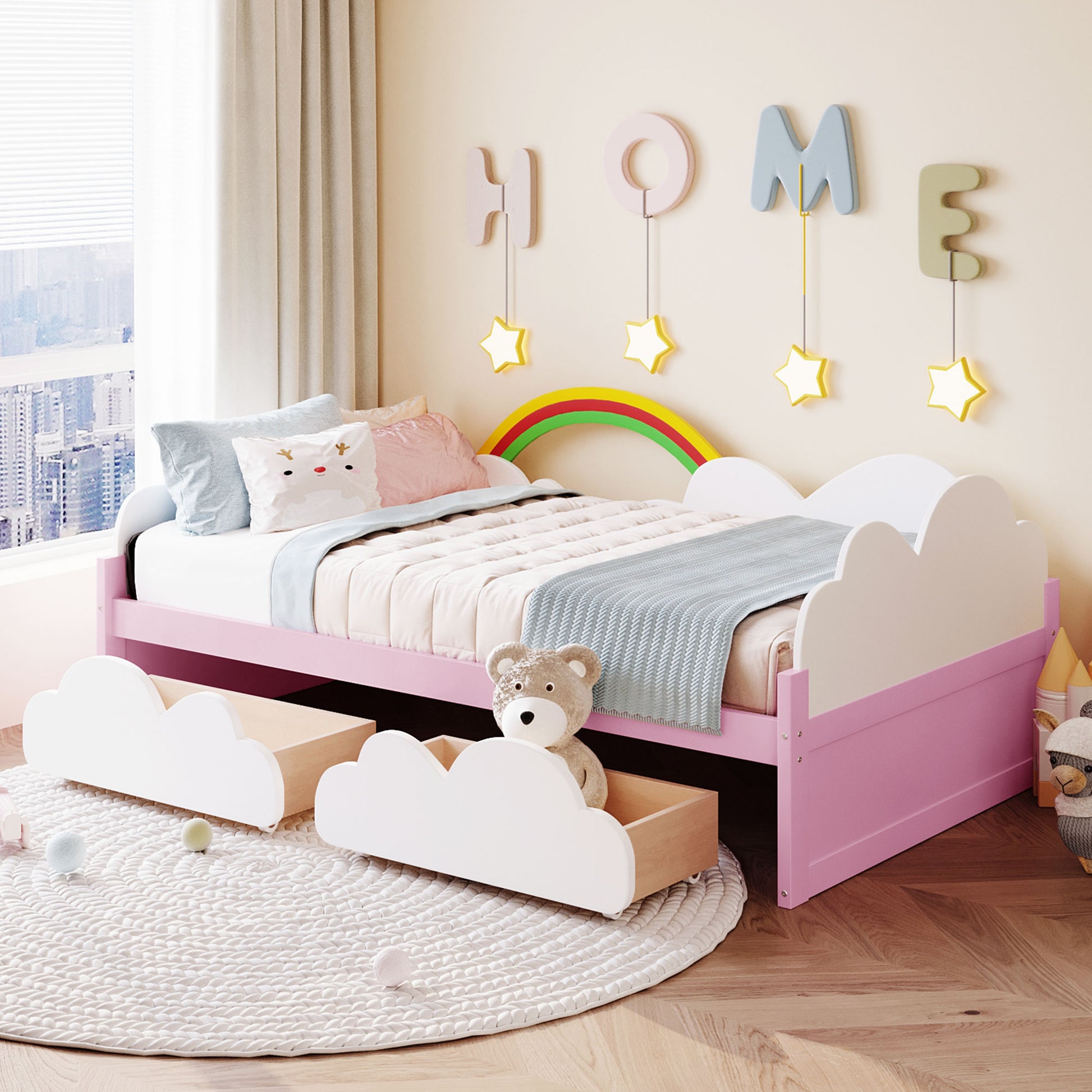 Twin Size Bed With Clouds And Rainbow Decor Pink White Plywood