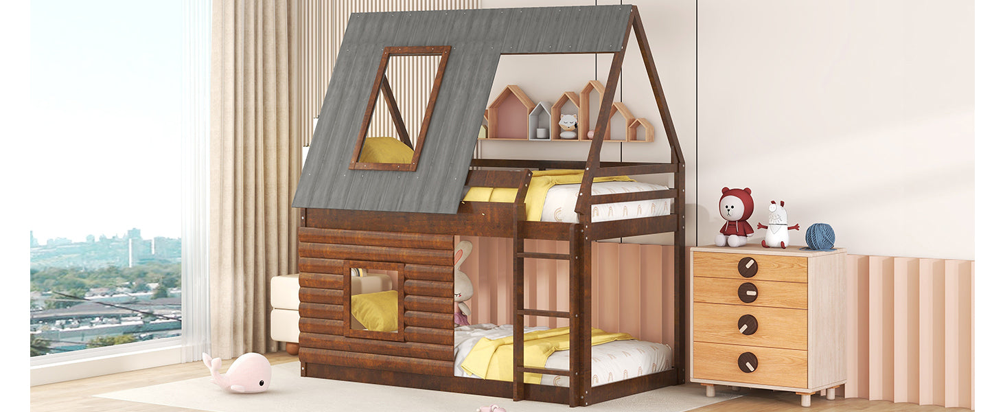 Wood Twin Size House Bunk Bed With Roof, Ladder And 2 Windows, Oak & Smoky Grey Box Spring Not Required Twin Brown Wood Bedroom Pine Solid Wood Mdf