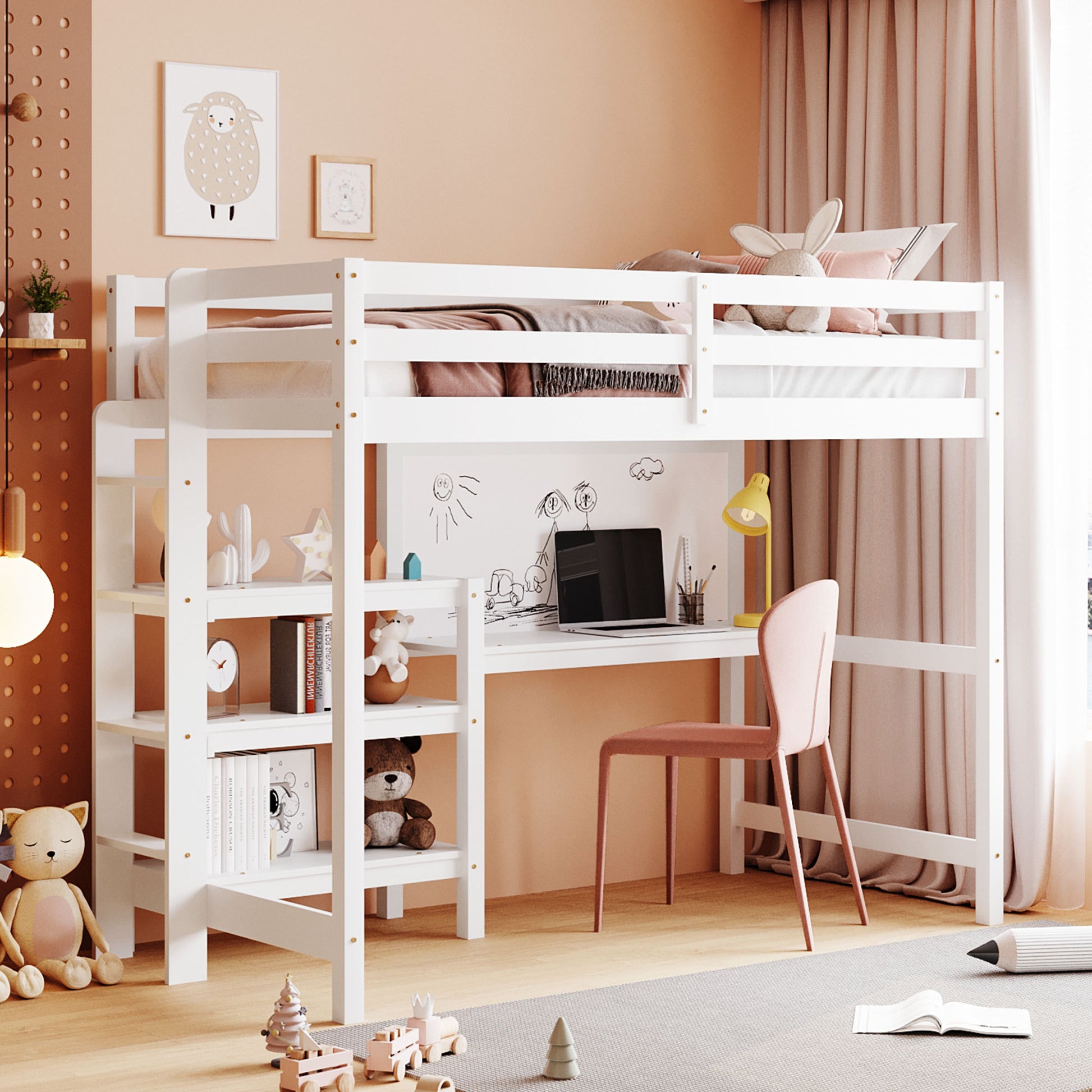 Twin Size Wooden Loft Bed With Shelves, Desk And Writing Board White White Solid Wood Mdf