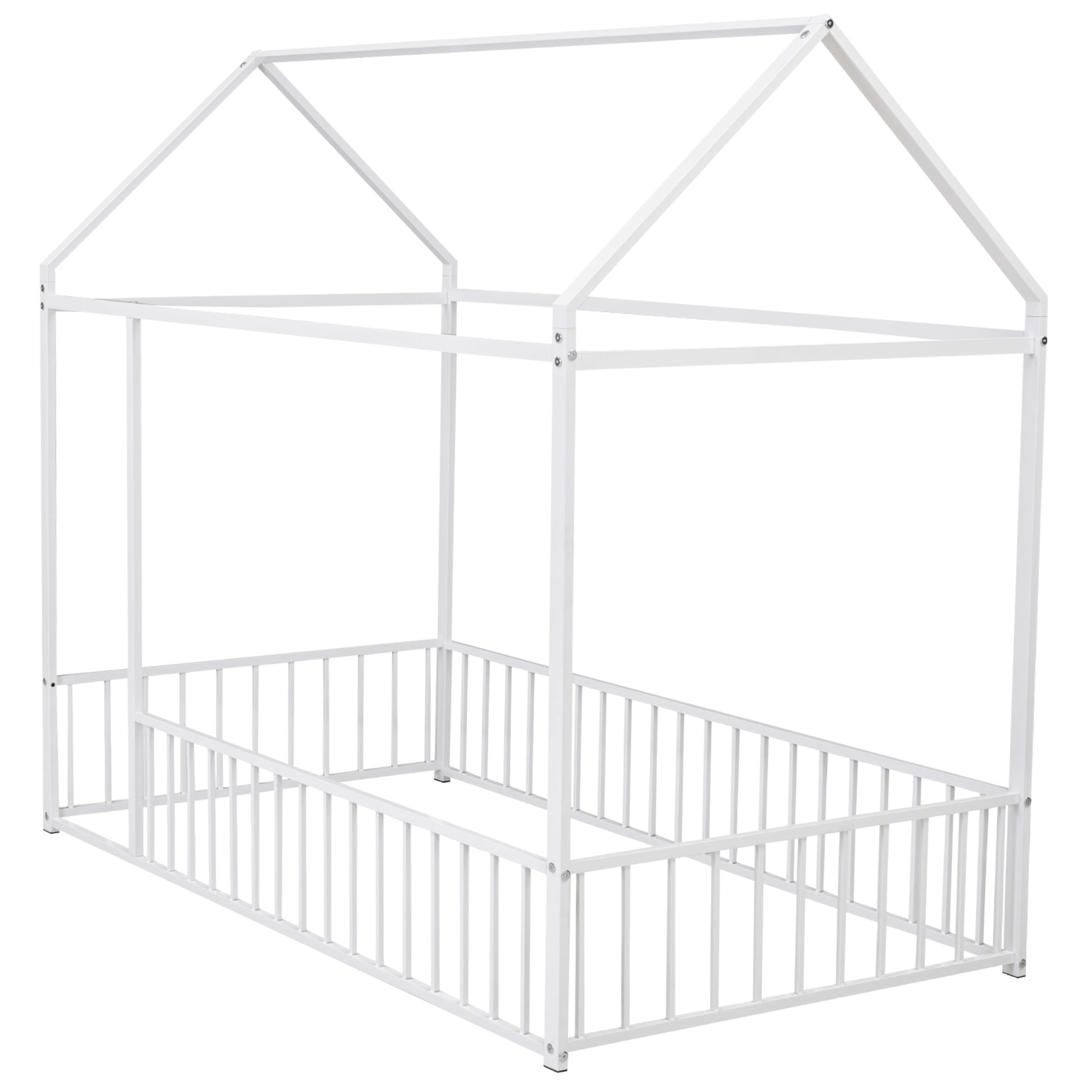 Twin Size Metal Bed House Bed Frame With Fence, For Kids, Teens, Girls, Boys, White Twin White Metal