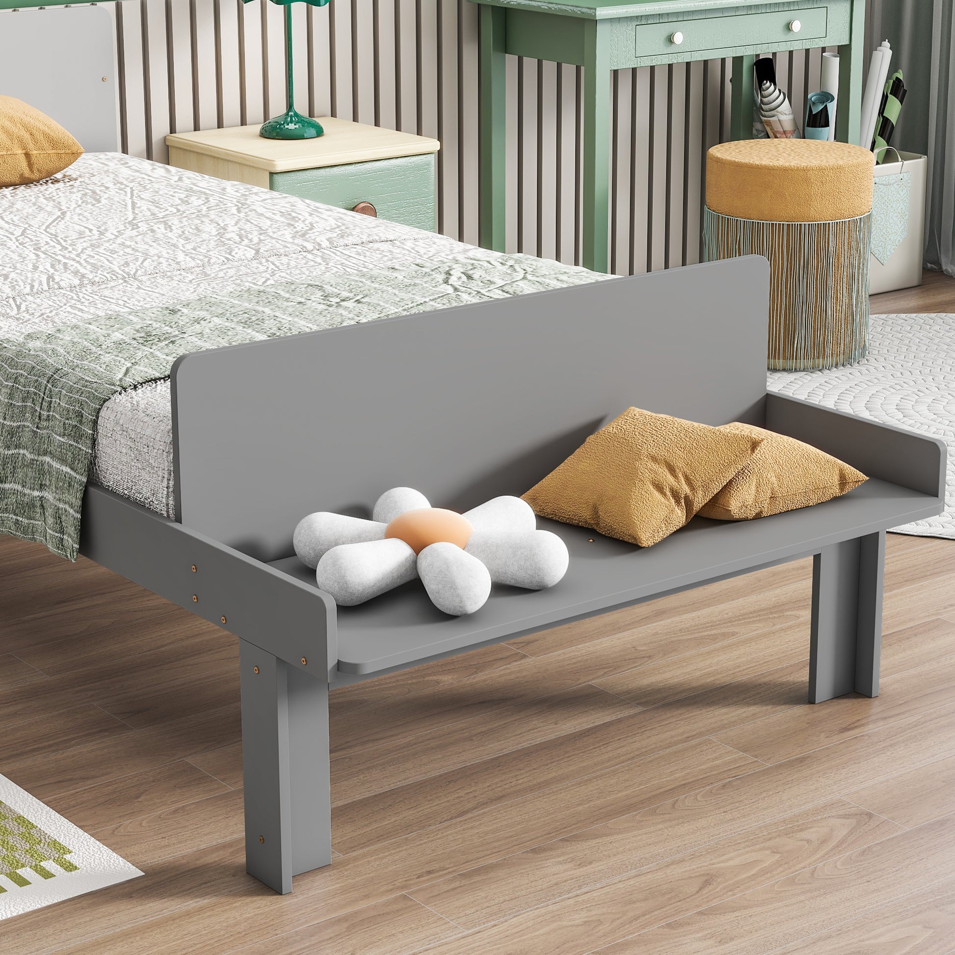 Twin Bed With Footboard Bench,Grey Twin Grey Wood Bedroom American Design Pine Pine